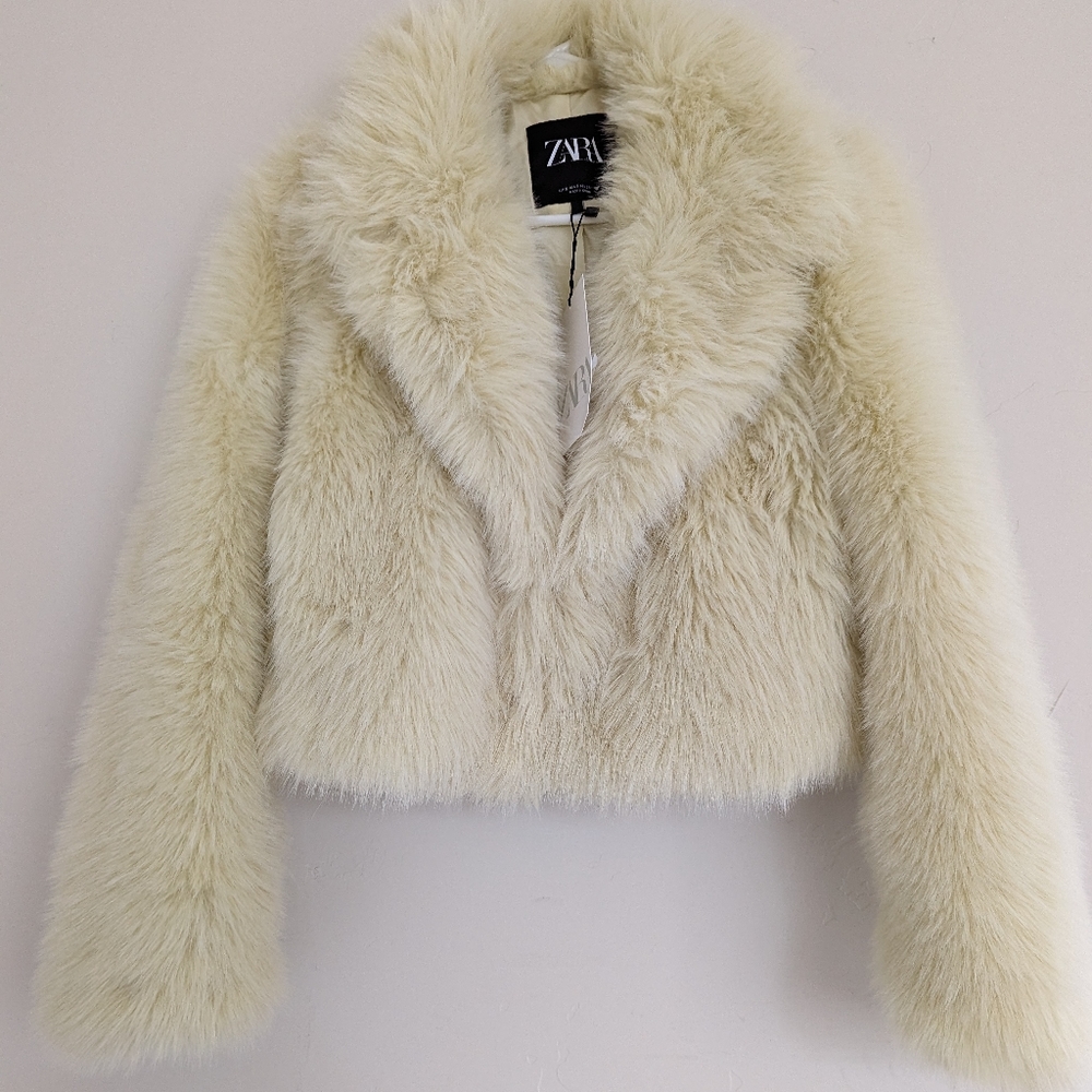 ZARA FAUX-FUR COLLARED SHORT JACKET YELLOW M - Picture 11 of 14